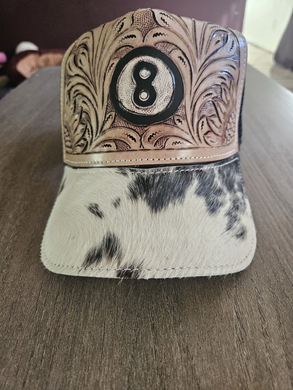 Western Tooled Leather & Cowhide Cap with  8-Ball Accent - Tan and White-NWOT